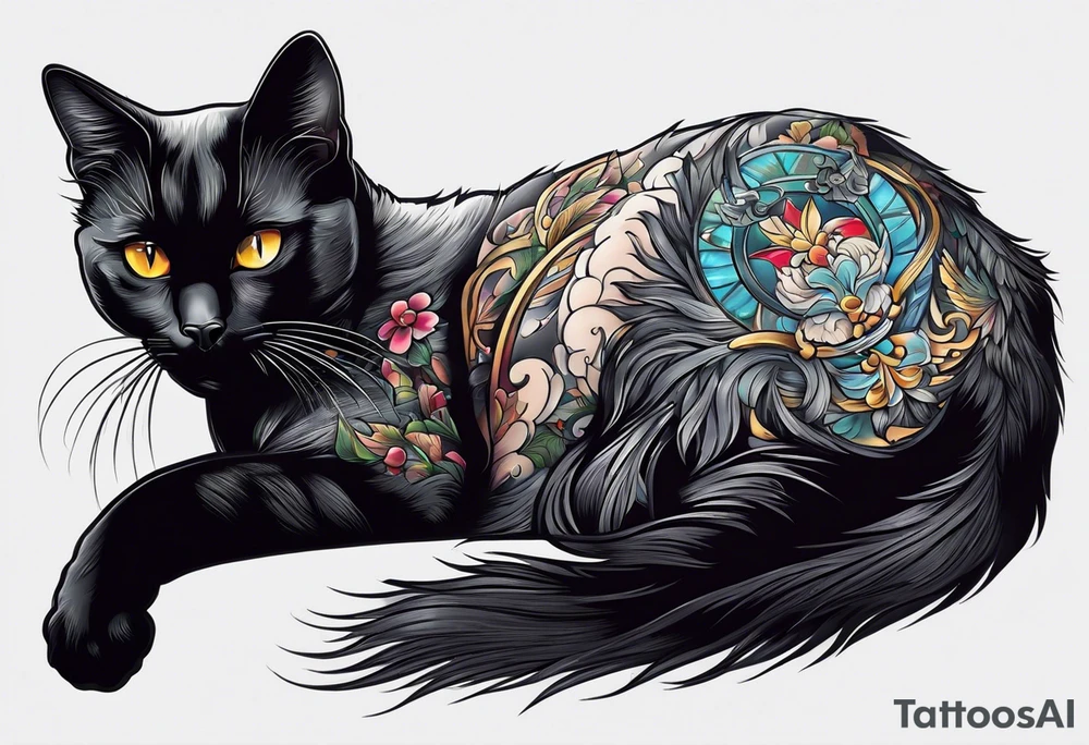 Black cat laying inside arm tattoo idea