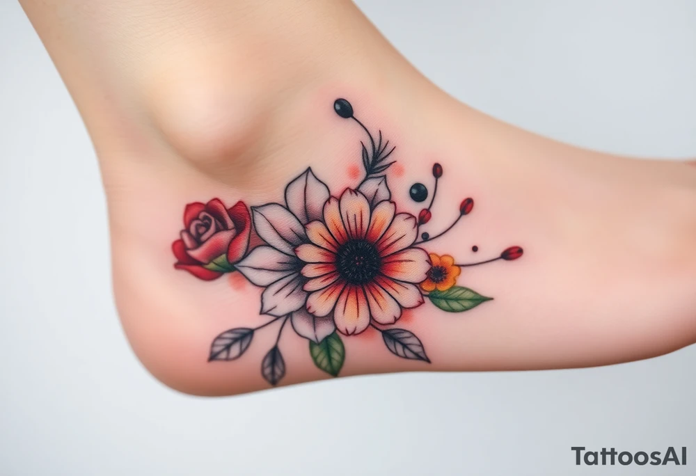 a watercolor tattoo with one rose, one lily, one marigold, and one cosmos flower. Half of it should be black and white and it should transition into rainbow tattoo idea