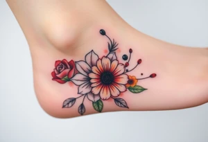 a watercolor tattoo with one rose, one lily, one marigold, and one cosmos flower. Half of it should be black and white and it should transition into rainbow tattoo idea