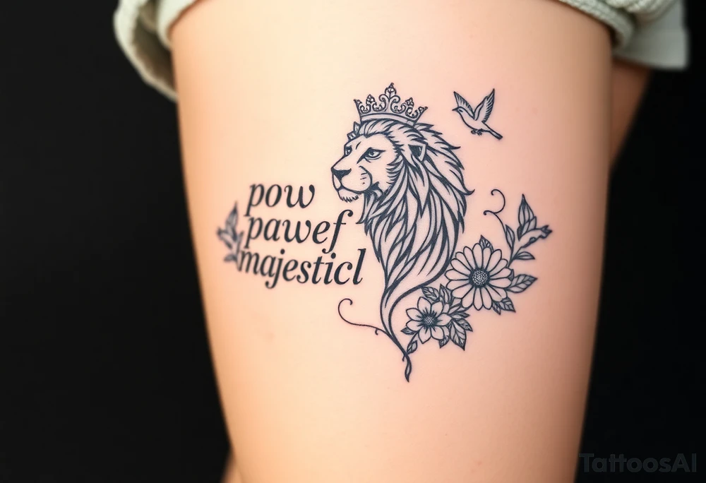 powerful majestic lion with a crown, surrounded by floral ornaments and birds tattoo idea