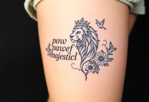 powerful majestic lion with a crown, surrounded by floral ornaments and birds tattoo idea