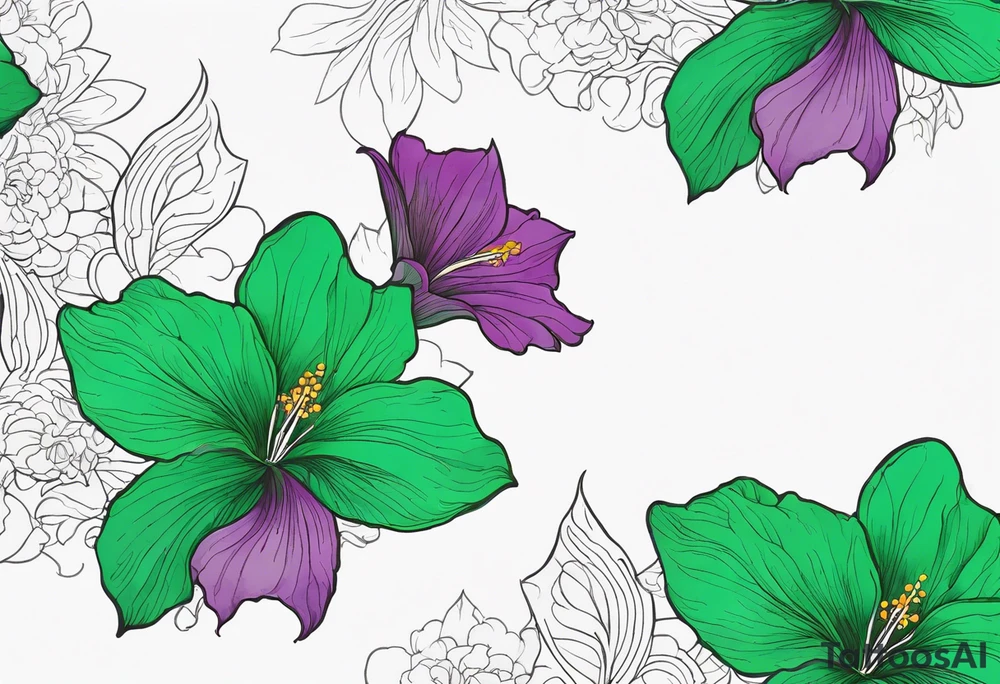 An outline of a green rio dipladenia flower and a green/purple watercolor splash in the background tattoo idea