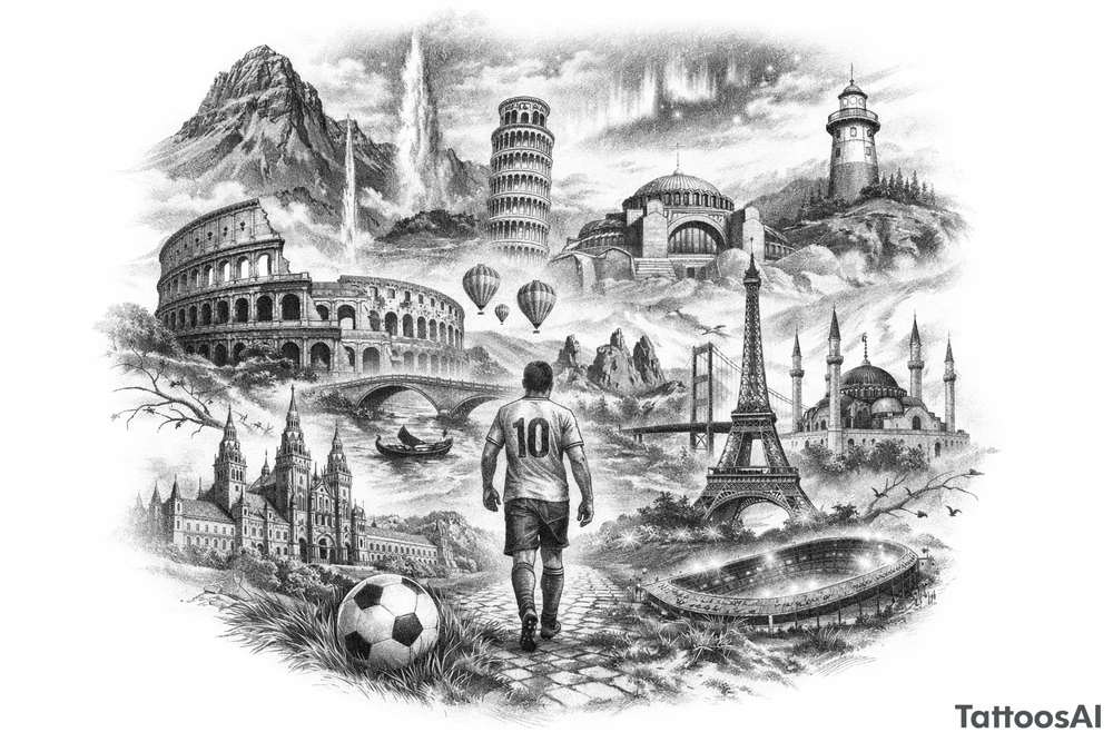 Iceland x3 (sindri, ibv, stjarnan) Italy x2 (Verona, Sassuolo) Spain (Logrono) Turkey x2 (Fenerbahce, Besiktas) Hungary (Fradi) France (Bordeaux) Something to do with football journey, surreal style to fit on arm no crests just main attractions of each country tattoo idea