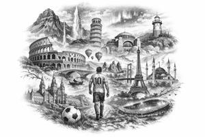 Iceland x3 (sindri, ibv, stjarnan) Italy x2 (Verona, Sassuolo) Spain (Logrono) Turkey x2 (Fenerbahce, Besiktas) Hungary (Fradi) France (Bordeaux) Something to do with football journey,  surreal style to fit on arm no crests just main attractions of each country tattoo idea