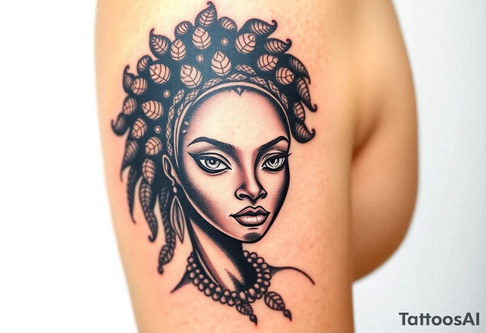 African goddess with white eyes and afro tattoo idea