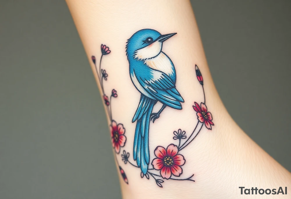 powerful majestic bluebird surrounded by wild flowers tattoo idea