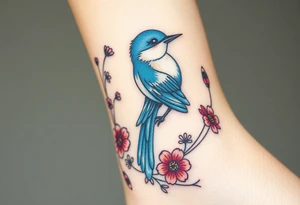 powerful majestic bluebird surrounded by wild flowers tattoo idea