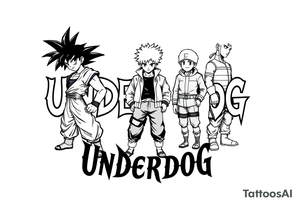 the word underdog in a with 3 anime characters Goku  and Naruto and ippo the boxig anime one standing in the middle one standing on the right and one standing on the left
 above the word tattoo idea