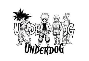 the word underdog in a with 3 anime characters Goku  and Naruto and ippo the boxig anime one standing in the middle one standing on the right and one standing on the left
 above the word tattoo idea