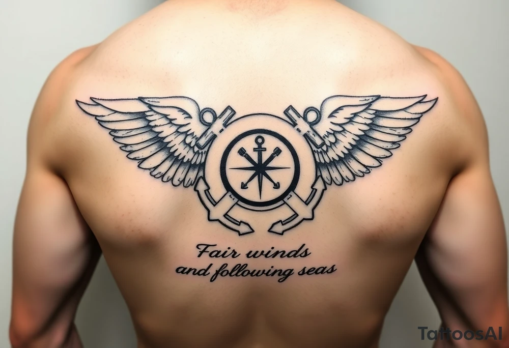 Fair winds and following seas (scripture) below United States coast guard emblem being carried by angel wings ocean boat anchor tattoo idea