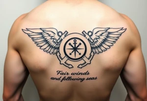 Fair winds and following seas (scripture) below United States coast guard emblem being carried by angel wings ocean boat anchor tattoo idea