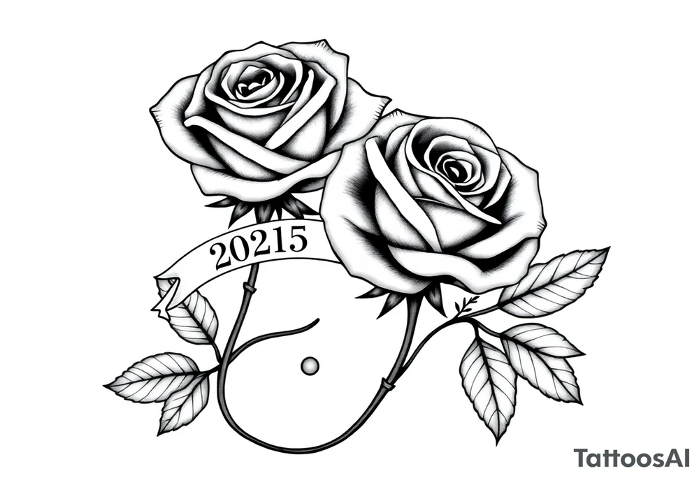 two beautiful large rose buds, one larger than the other, with many leaves next to the rose buds, with one sitting higher than the other. Include a banner connecting the two roses with the year "2025" on it.   Use dark outlines with little shading. The two stems should be short, not long, and connect and join into one stem, whimsically curved or twisted - not straight down. tattoo idea