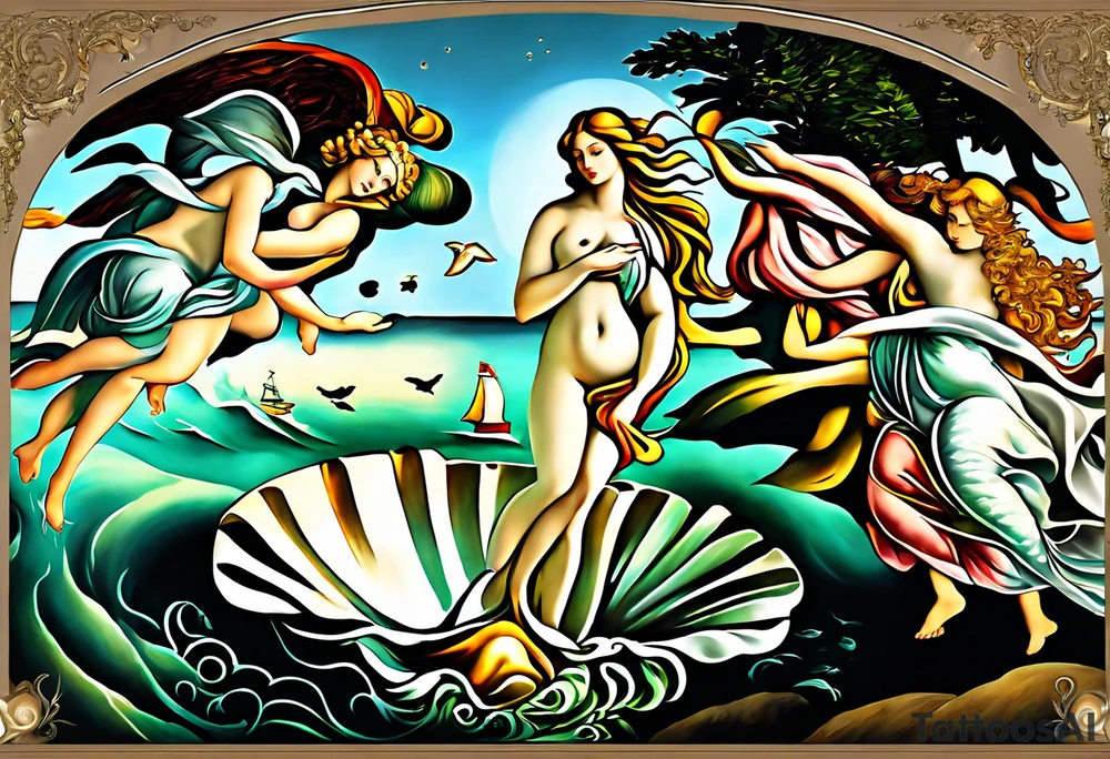 Full body goddess birth of Venus tattoo idea