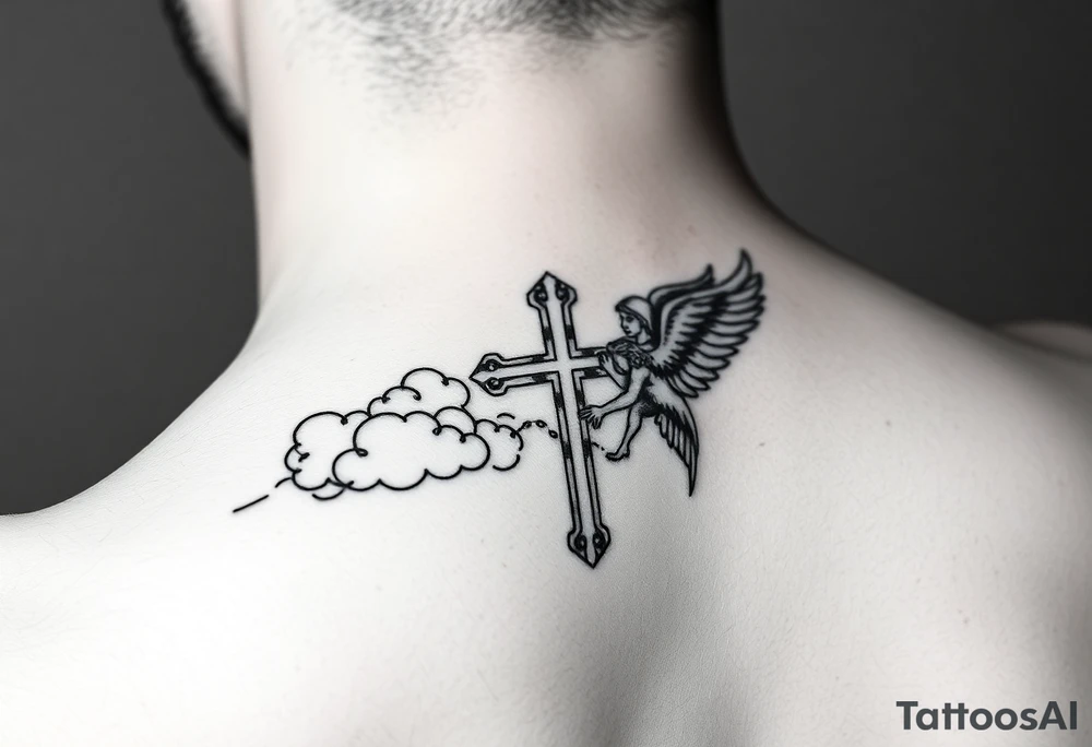 add cross neklace with one angel and some details cloud forearm tattoo idea