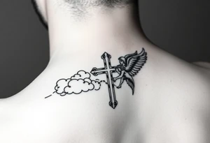 add cross neklace with one angel and some details cloud forearm tattoo idea