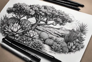 Fenix ,  cactos e árvore da vida por do sol braço parte de cima tattoo idea