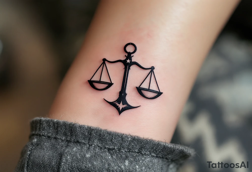 The Libra symbol in bold black anchors a silver-ink star path . tattoo idea