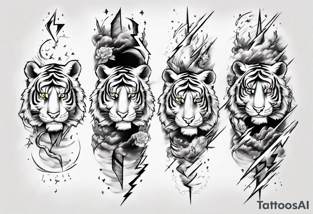 Tiger design with lightning and the sun for a forearm sleeve tattoo idea