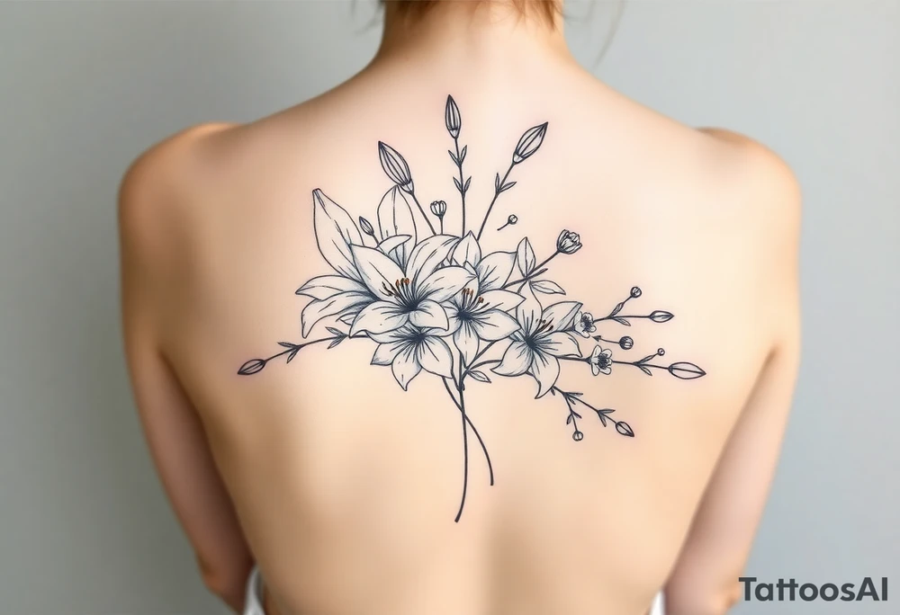 lilies, cherry blossoms and arrowhead plant in a floral wrap tattoo idea