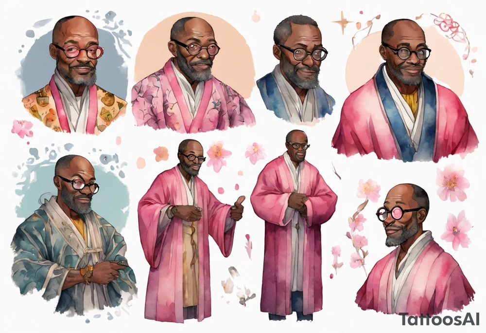 a middle-aged medieval black man wearing round glasses, wearing colorful robe, wearing pink bracers tattoo idea