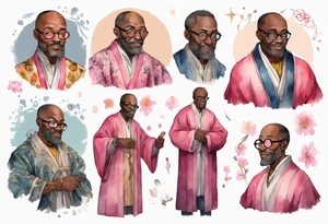 a middle-aged medieval black man wearing round glasses, wearing colorful robe, wearing pink bracers tattoo idea