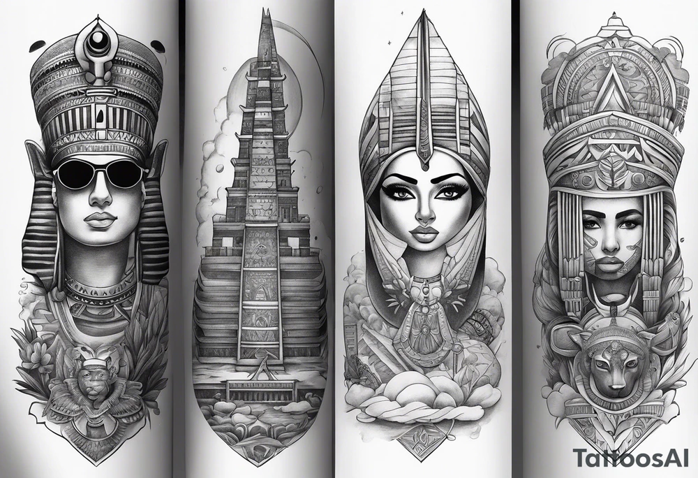 a mix of egypt and dubai, skateboarding, scuba diving, the word family and present arm sleeve. tattoo idea