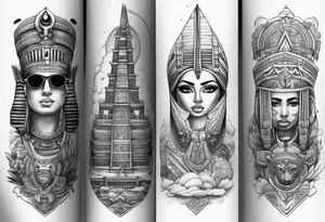 a mix of egypt and dubai, skateboarding, scuba diving, the word family and present arm sleeve. tattoo idea