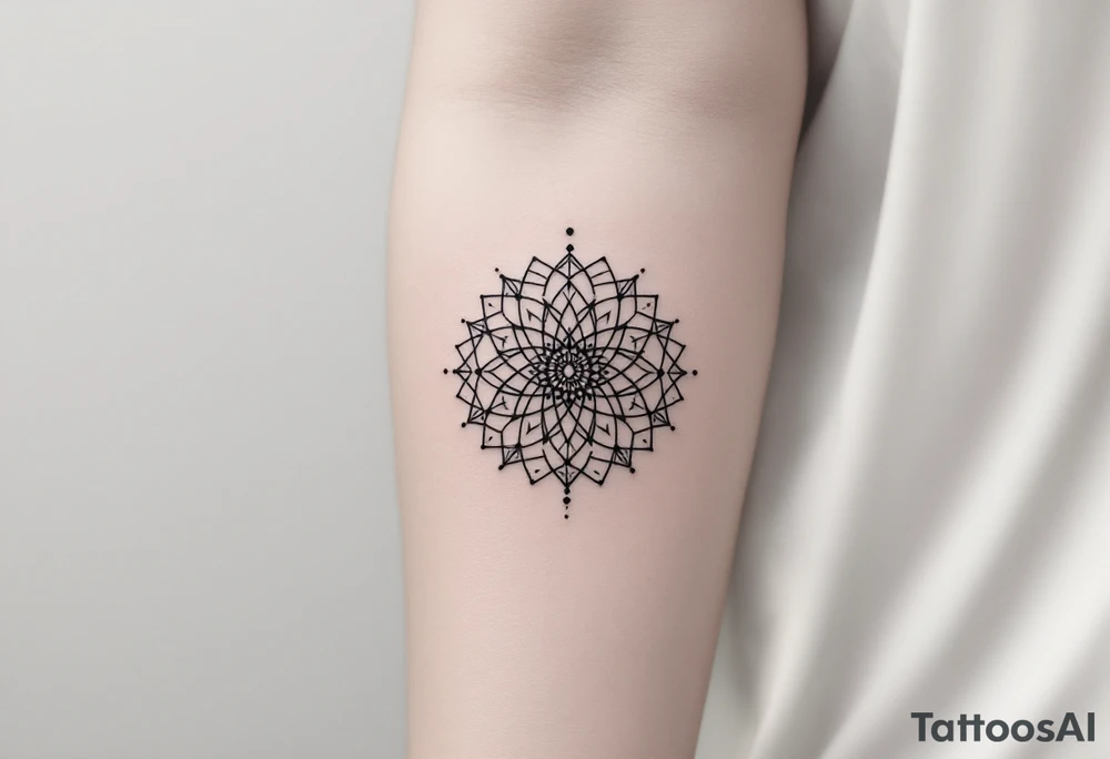 simple, minimalist tattoo, sacred geometry mandala, centerpiece design, dotwork patterns, radiating geometry, symmetrical mandala, geometric shapes, intricate dotwork, sacred patterns, mandala center, geometric radiating, fine line work, black grey shading, minimalist design, no outlines, arm placement, delicate linework, precise geometry, clean symmetry, sacred symbols, geometric precision, dotwork details, mandala focal point, refined patterns, understated complexity, geometric harmony, minimalist tattoo idea