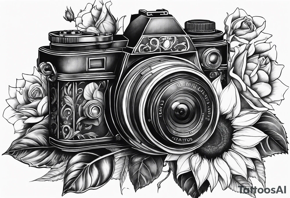 Butterfly, sunflower, camera, book, flower rose tattoo idea