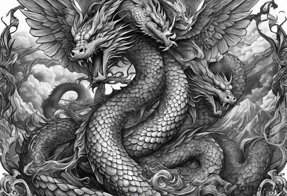 Full back piece depicting the war between angels above killing a demonic snake dragon below tattoo idea Full back piece depicting the war between angels above killing a demonic snake dragon below tattoo idea