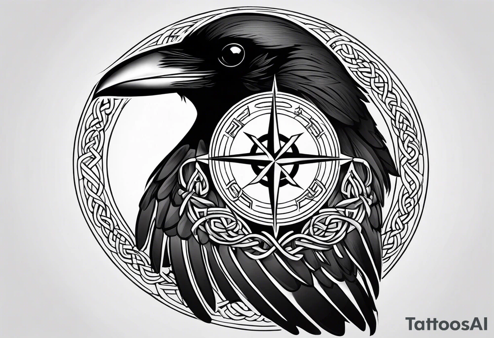 Raven head with Celtic compass and mountain tattoo idea