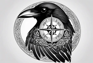 Raven head with Celtic compass and mountain tattoo idea