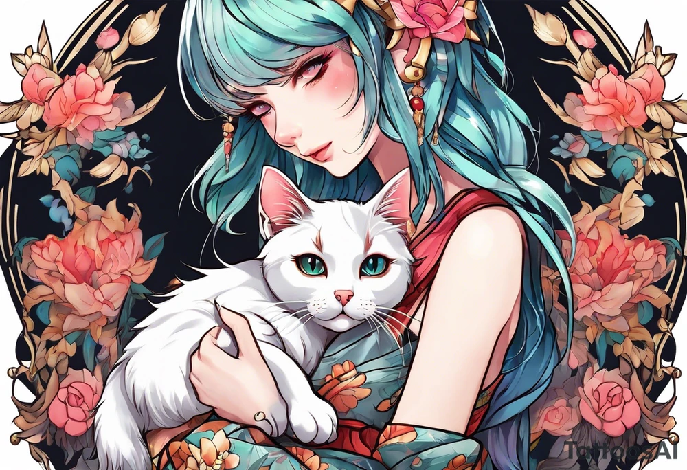 Sexy cat waifu with her ears being rubbed tattoo idea