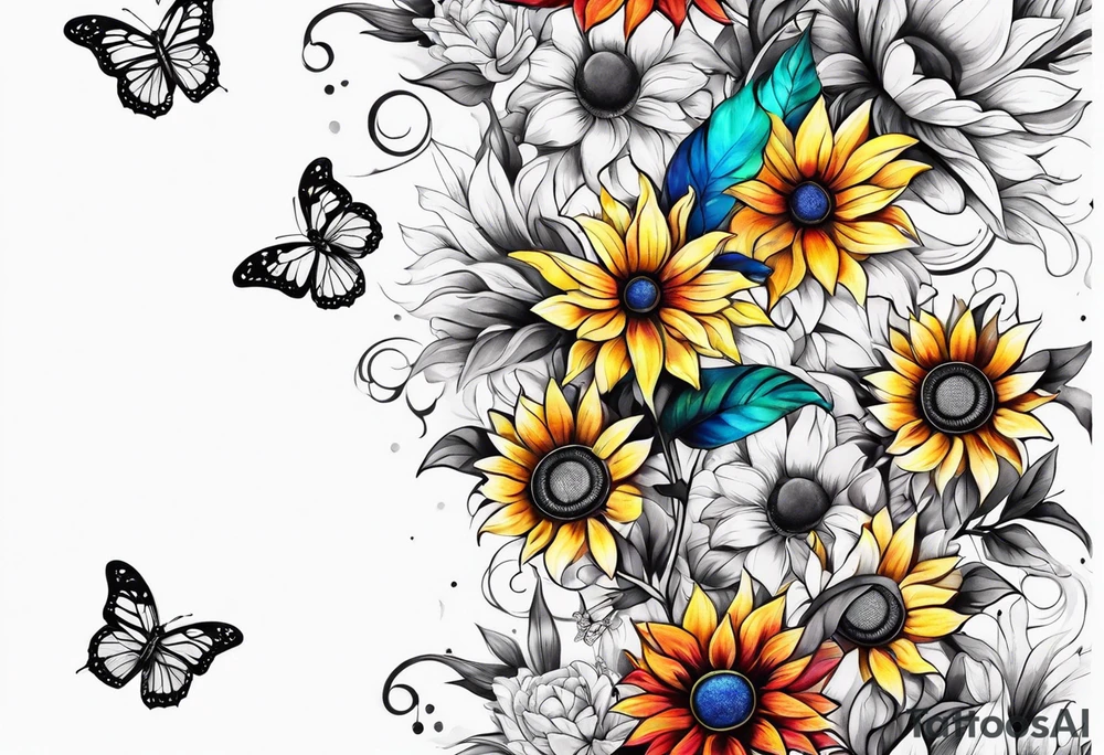 arm sleeve with cross, rainbow sunflowers and butterflies tattoo idea