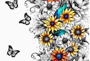 arm sleeve with cross, rainbow sunflowers and butterflies tattoo idea