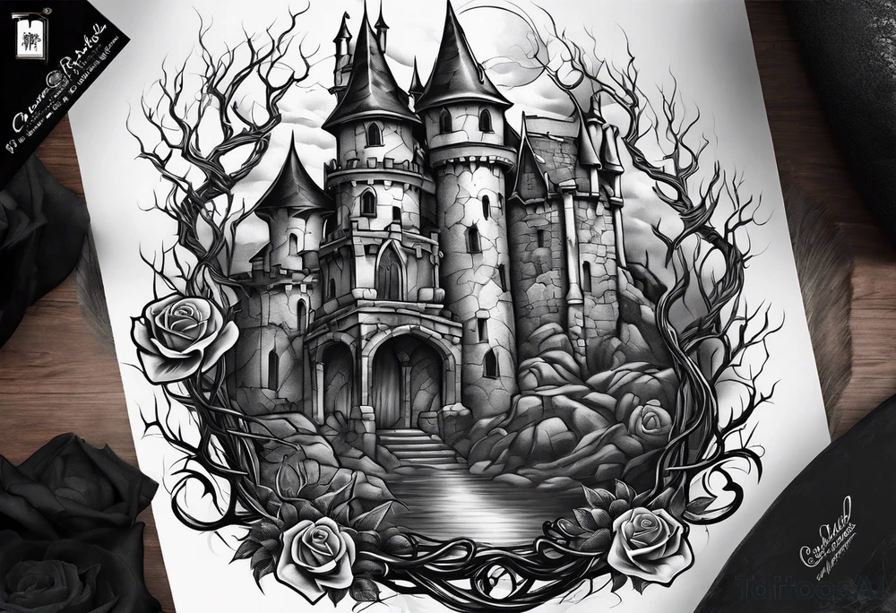 tattoo fool sleeve, old broken gothic castle, tree roots break out of the chains, roses tattoo idea