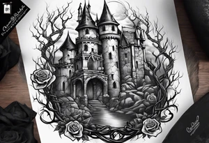 tattoo fool sleeve, old broken gothic castle, tree roots break out of the chains, roses tattoo idea