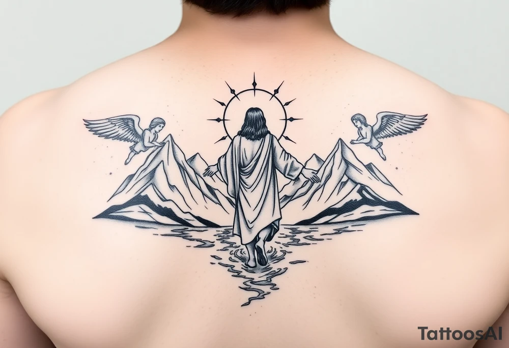Jesus walking on water from behind with mountains around and two angels looking over him. tattoo idea
