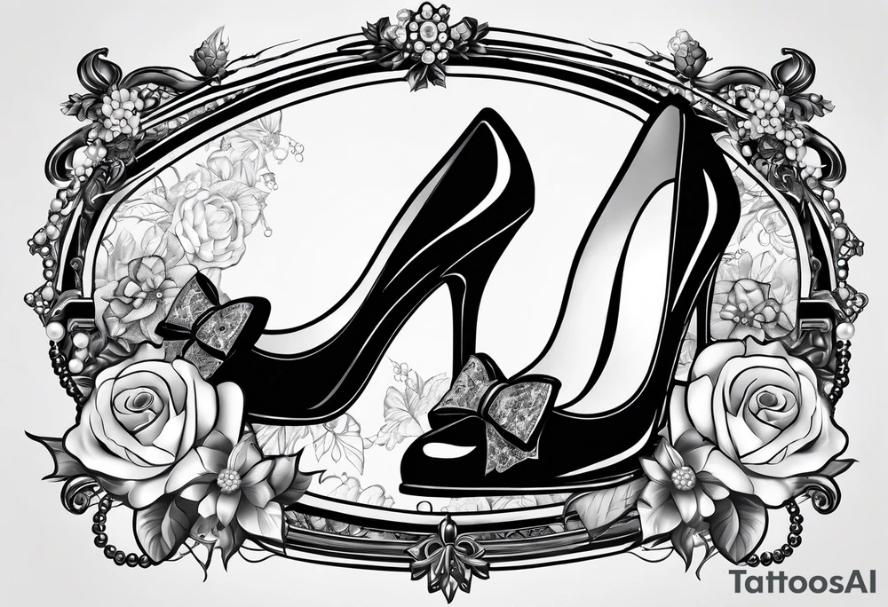 1950s pinup pumps and perfume bottle with hair bows, flowers, pearls, and lace tattoo idea