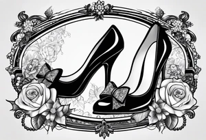 1950s pinup pumps and perfume bottle with hair bows, flowers, pearls, and lace tattoo idea