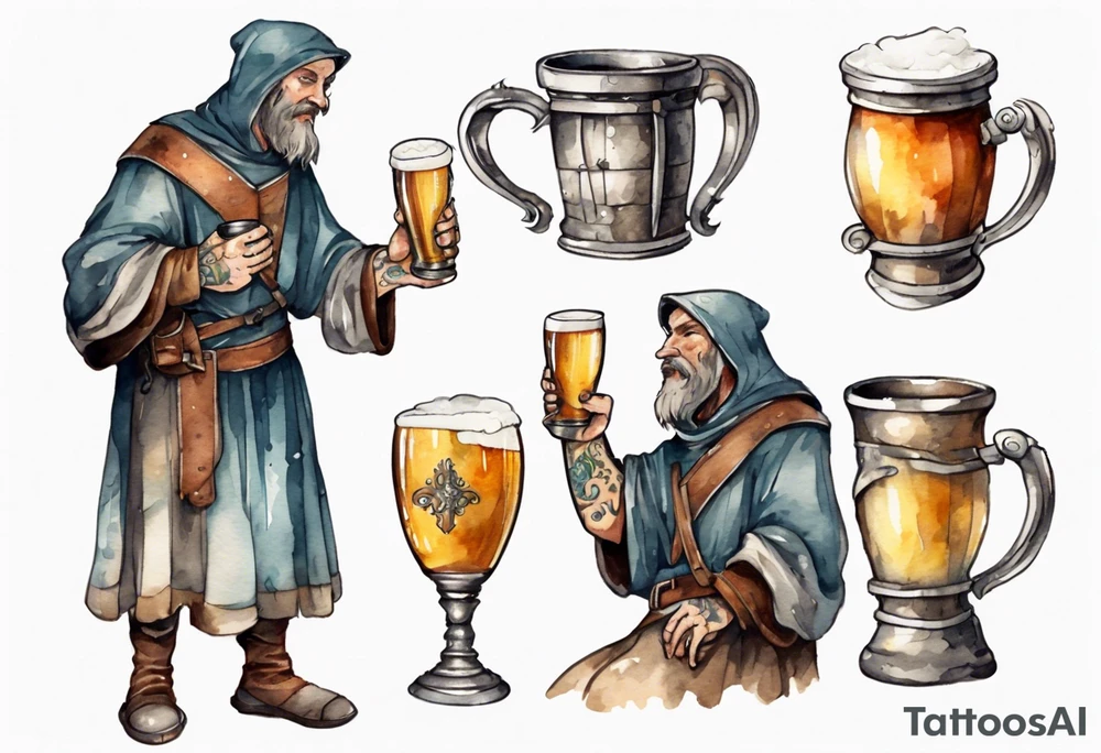 a medieval adlet wearing a tunic and drinking from a pewter mug of beer tattoo idea