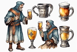 a medieval adlet wearing a tunic and drinking from a pewter mug of beer tattoo idea