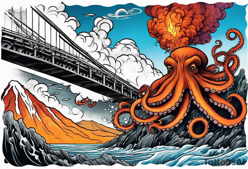 Octopus attacking a bridge with volcano in background erupting tattoo idea
