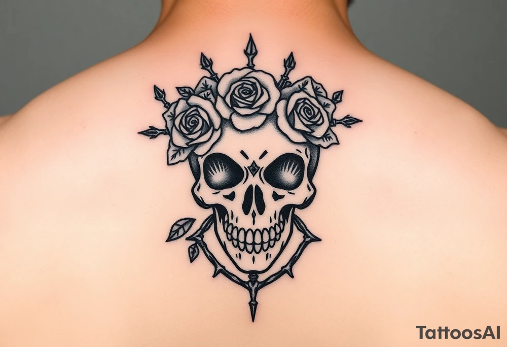 ornate skull adorned with crown of wild roses and thorns tattoo idea