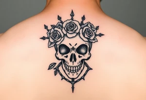 ornate skull adorned with crown of wild roses and thorns tattoo idea