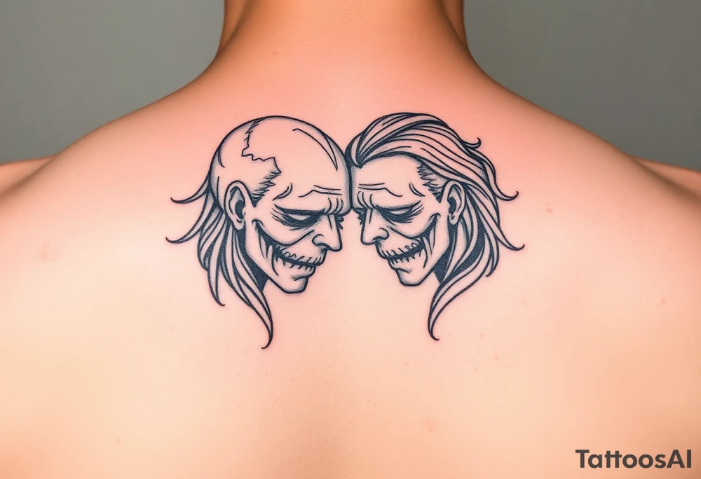 Two sad souls merging into one representing happiness and united love tattoo idea