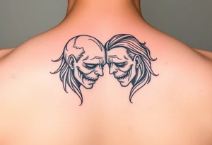 Two sad souls merging into one representing happiness and united love tattoo idea