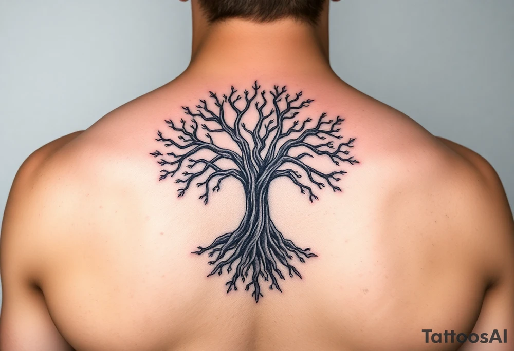 mystical tree of life with cosmic roots and celestial branches tattoo idea