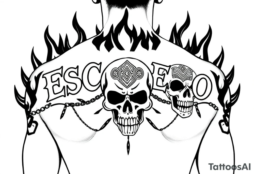 In the style of emo-gothic punk, a full upper back tattoo with the name 'Escobedo' in bold across the shoulders, untouched by surrounding elements. Black flame outlines rise behind the name, symmetrical and sharp, with no shading or grayscale. Chains loop through flame gaps in clean, flowing black lines. Cracked skull on the left shoulder blade, snarling skull in the center spine area, screaming or laughing skull on the right shoulder blade—each with Aztec or Chicano-style forehead patterns. All linework only, no color, stencil-ready, forming a halo of fire, death, tattoo idea