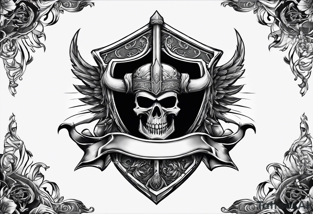 Valhalla sword shield axe mist tattoo idea